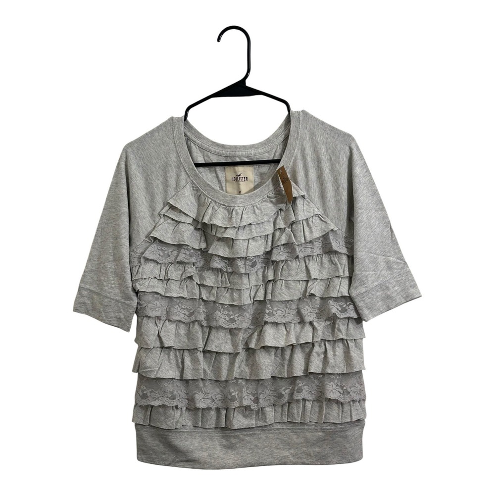 Hollister Bettys Heather Grey Ruffle Lace Front 3/4 Sleeve Top Size Medium NWT